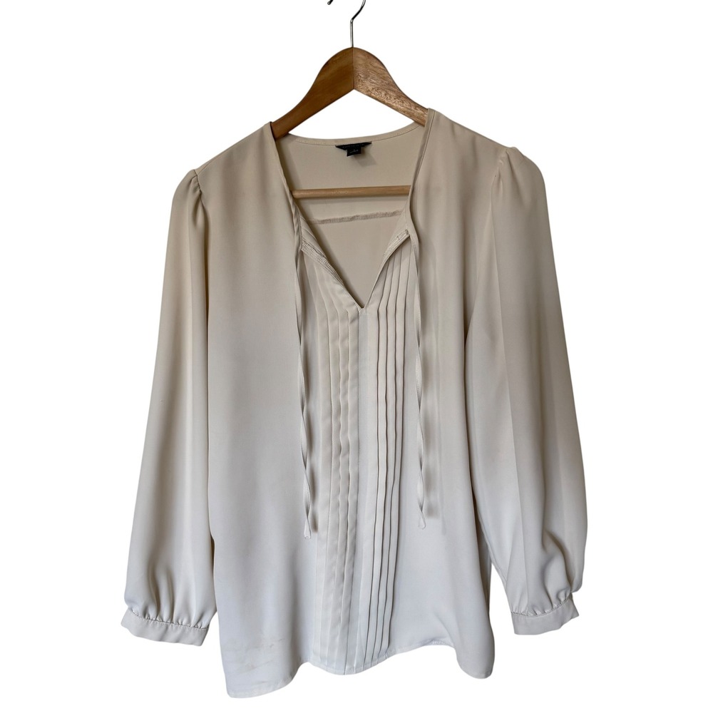 Ann Taylor Blouse Women S Cream Good Pleated Tie‎ Neck Puff Sleeve Top